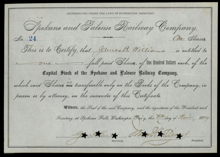 Spokane and Palouse Railway Company, Stock Certificate, 1889 - Spokane Falls, Washington (47224966122) Spokane and Palouse Railway Company, Stock Certificate, 1889 - Spokane Falls, Washington (47224966122)
