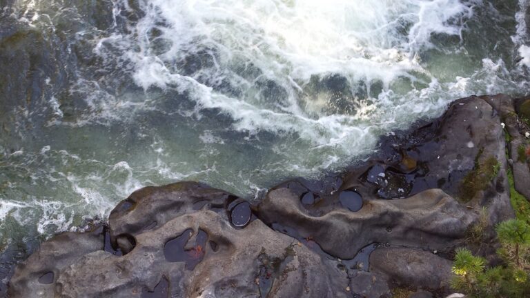 White water eddys, location where Olympia Beer was made, egg shaped hollows in the rock bed, Tumwater Falls, Tumwater, Washington, USA